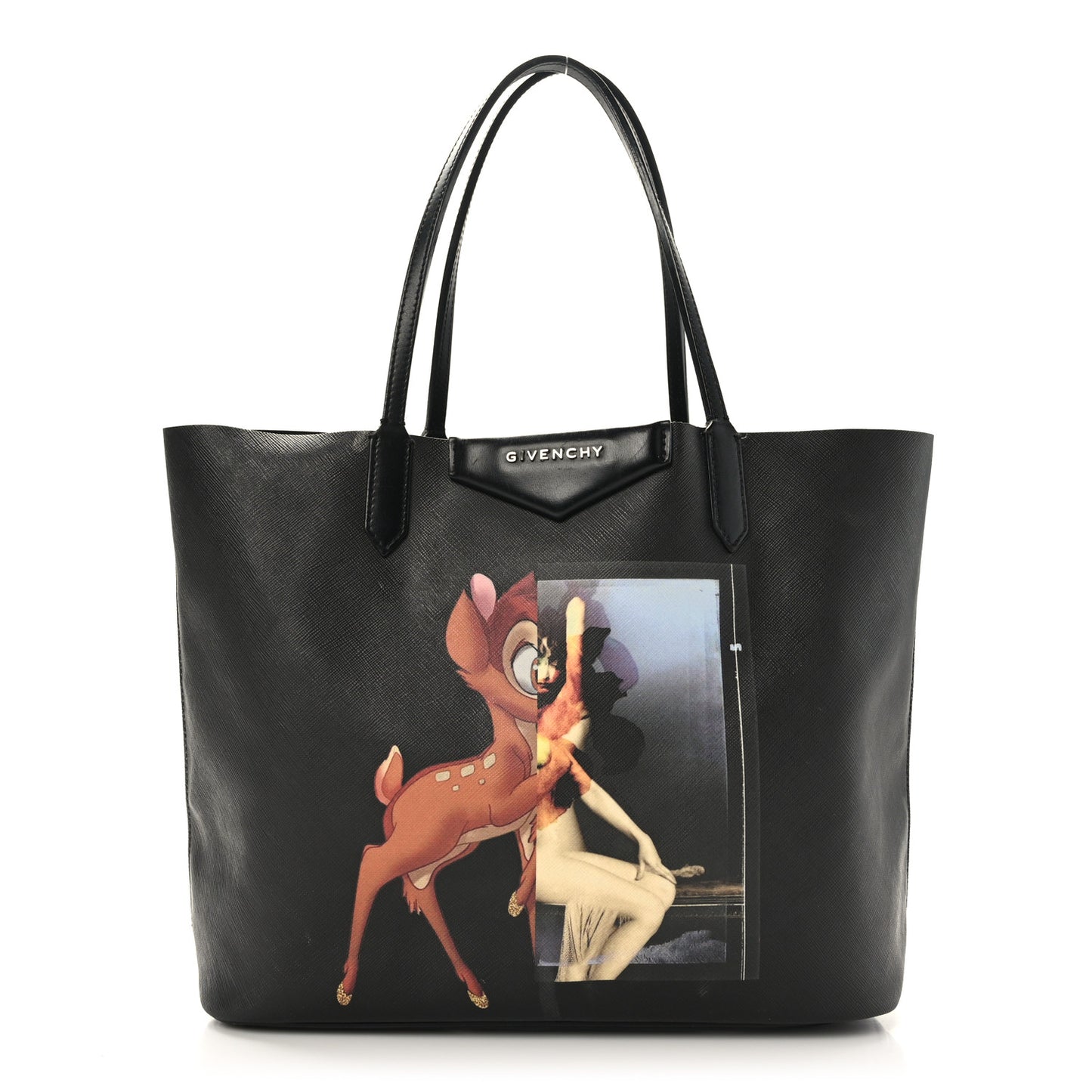 Textured Coated Canvas Bambi Print Medium Antigona Tote Black