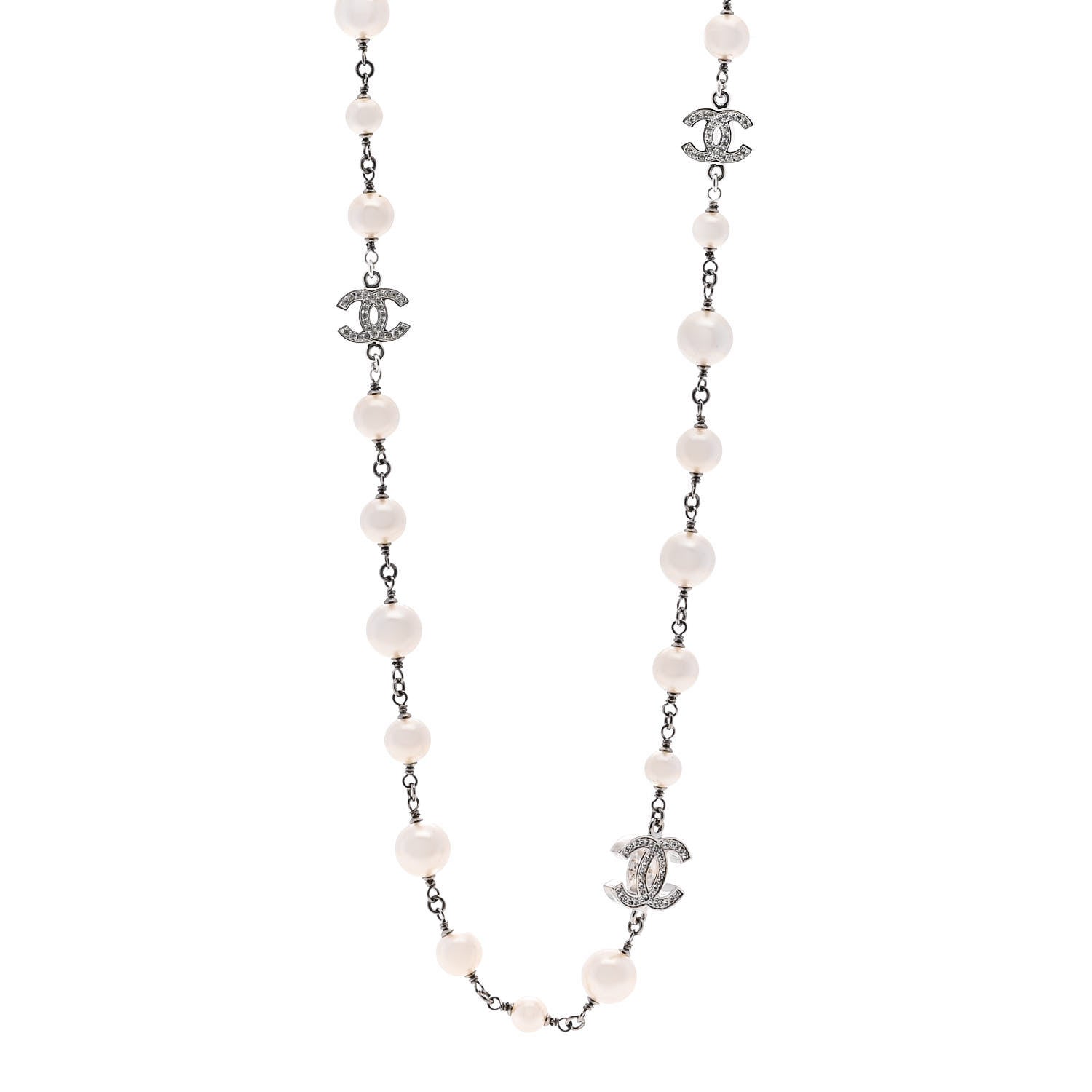 Chanel Graduated Pearl Crystal CC Long Necklace Silver 1 of 6