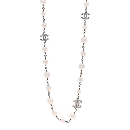 Chanel Graduated Pearl Crystal CC Long Necklace Silver 1 of 6