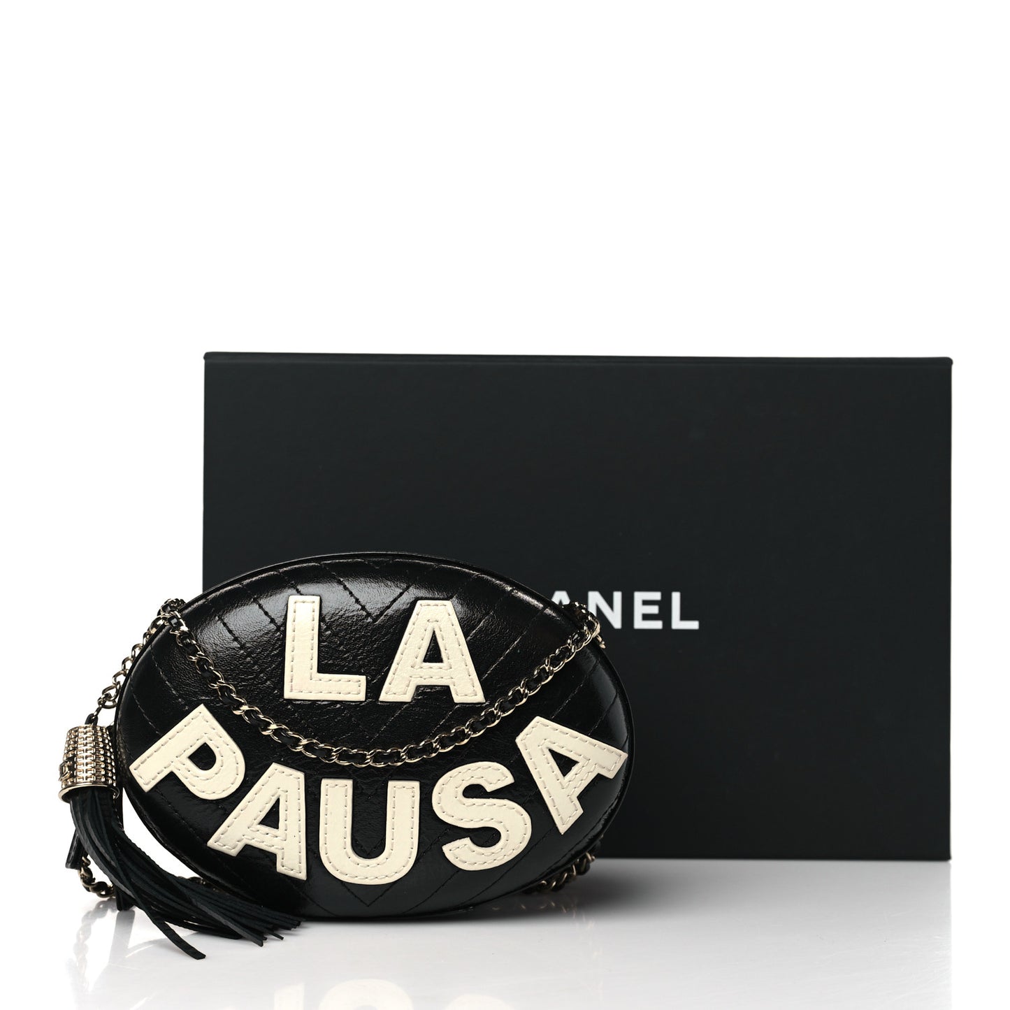 Lambskin Embroidered Chevron Quilted La Pausa Tassel Clutch Black