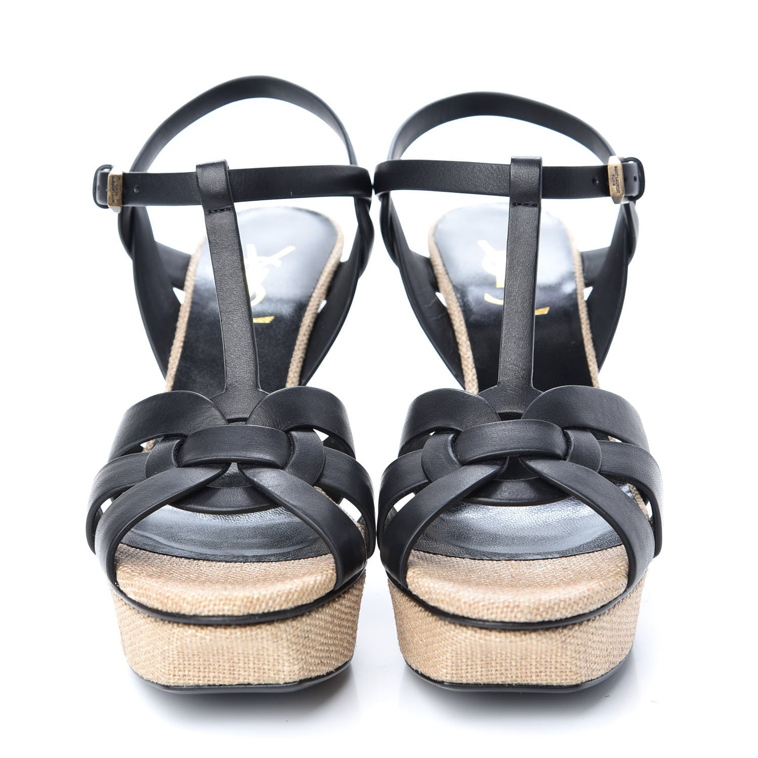 Saint Laurent Calfskin Canvas Tribute 75 Platform Sandals 38 Black 2 of 11