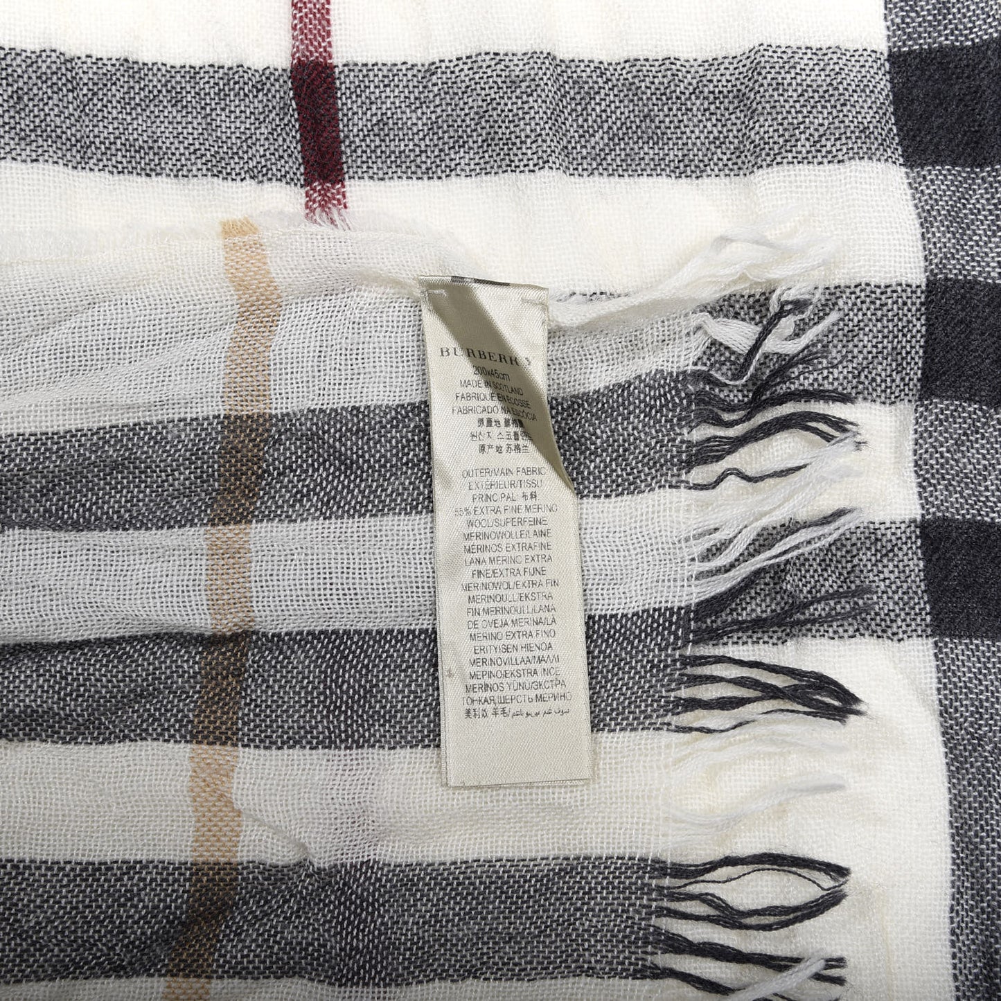 Wool Silk Gauze Giant Check Lightweight Scarf White