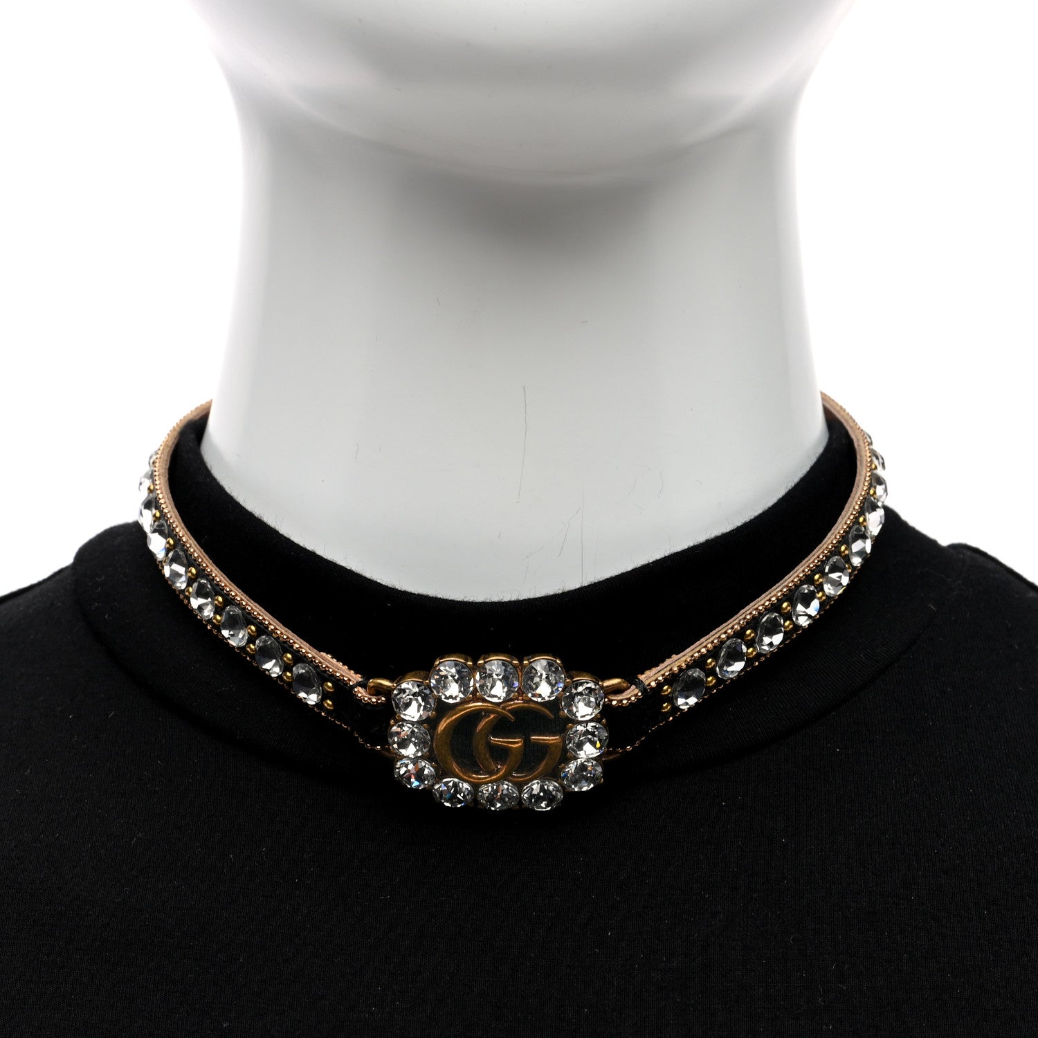 Gucci Calfskin Crystal Embellished Double G Choker Necklace Black 2 of 4