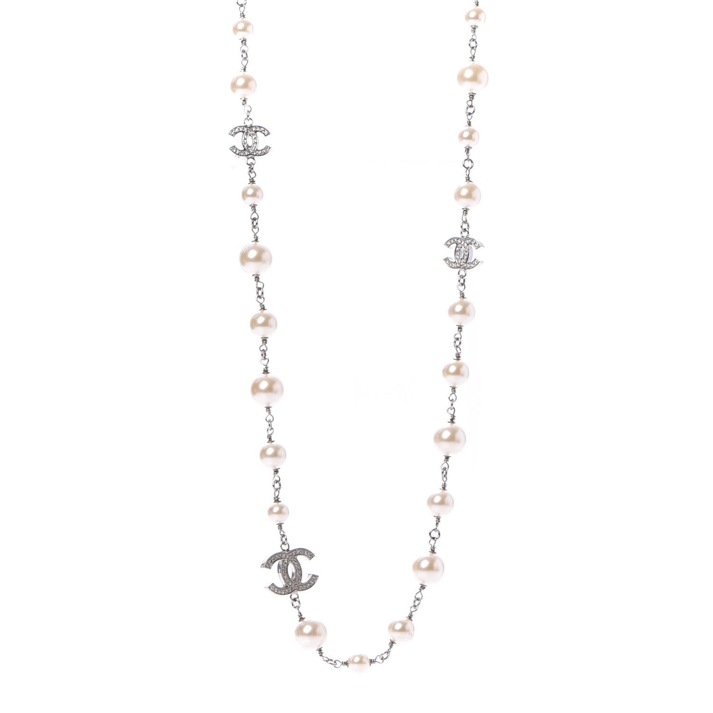 Crystal Pearl CC Long Necklace Silver