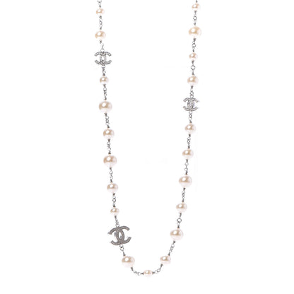 Chanel Crystal Pearl CC Long Necklace Silver 1 of 6