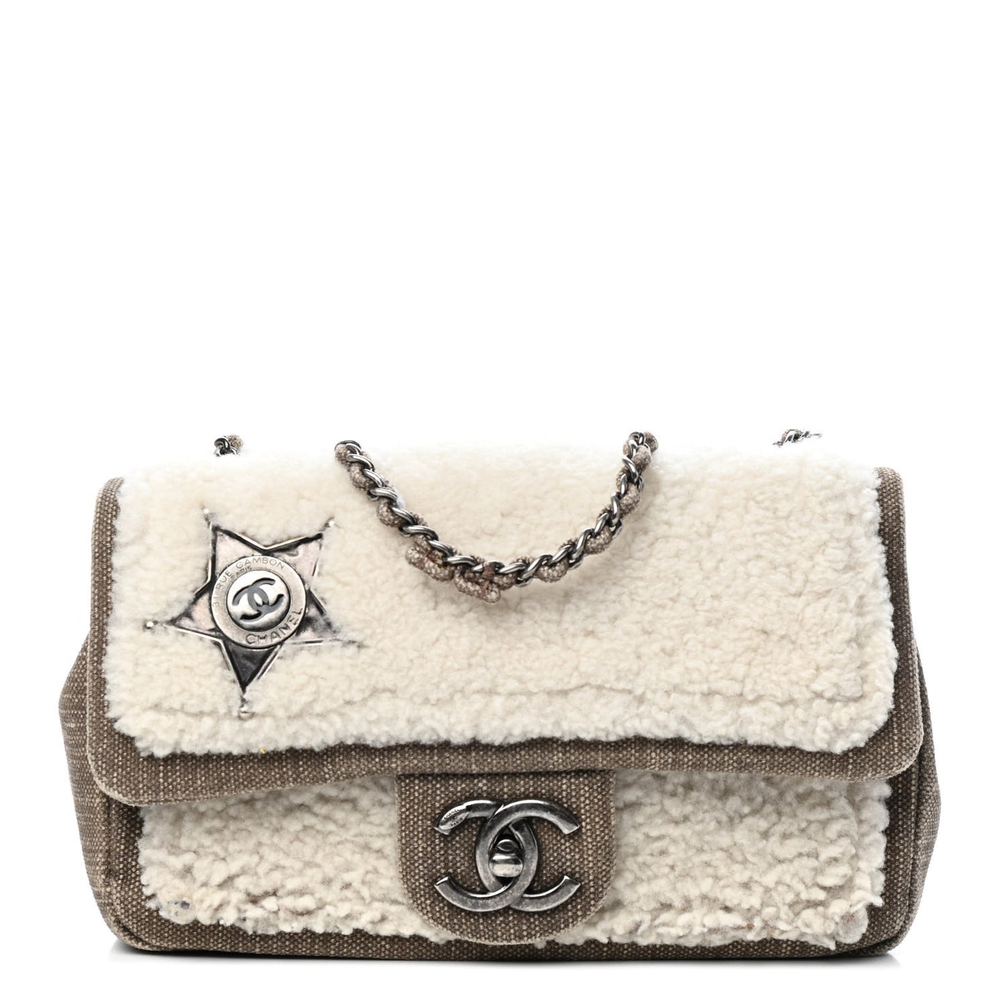 Shearling Sheepskin Denim Small Paris Dallas Sheriff's Star Flap Brown White