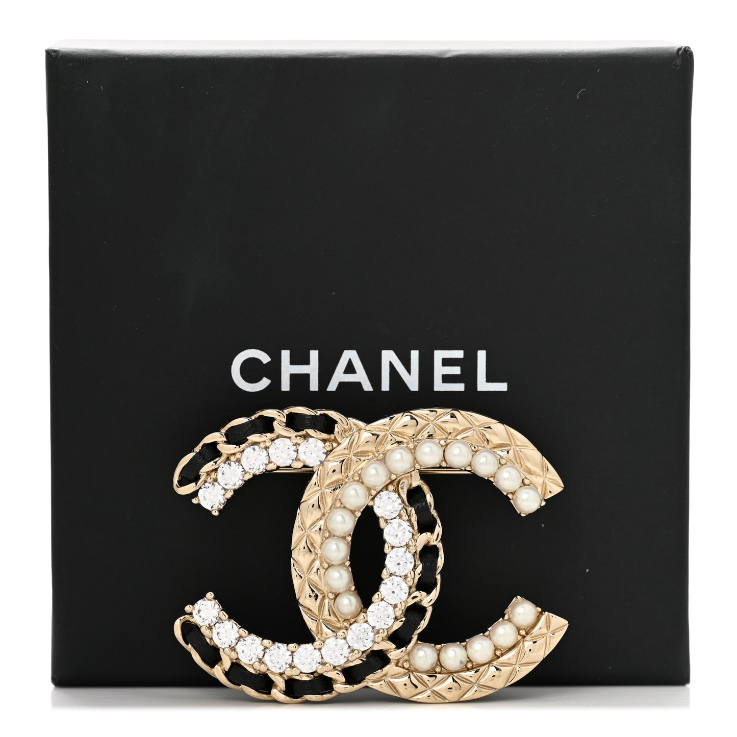 Lambskin Crystal CC Chain Brooch Black Gold