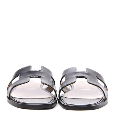 Hermes Box Calfskin Oran Sandals 36.5 Black 2 of 10