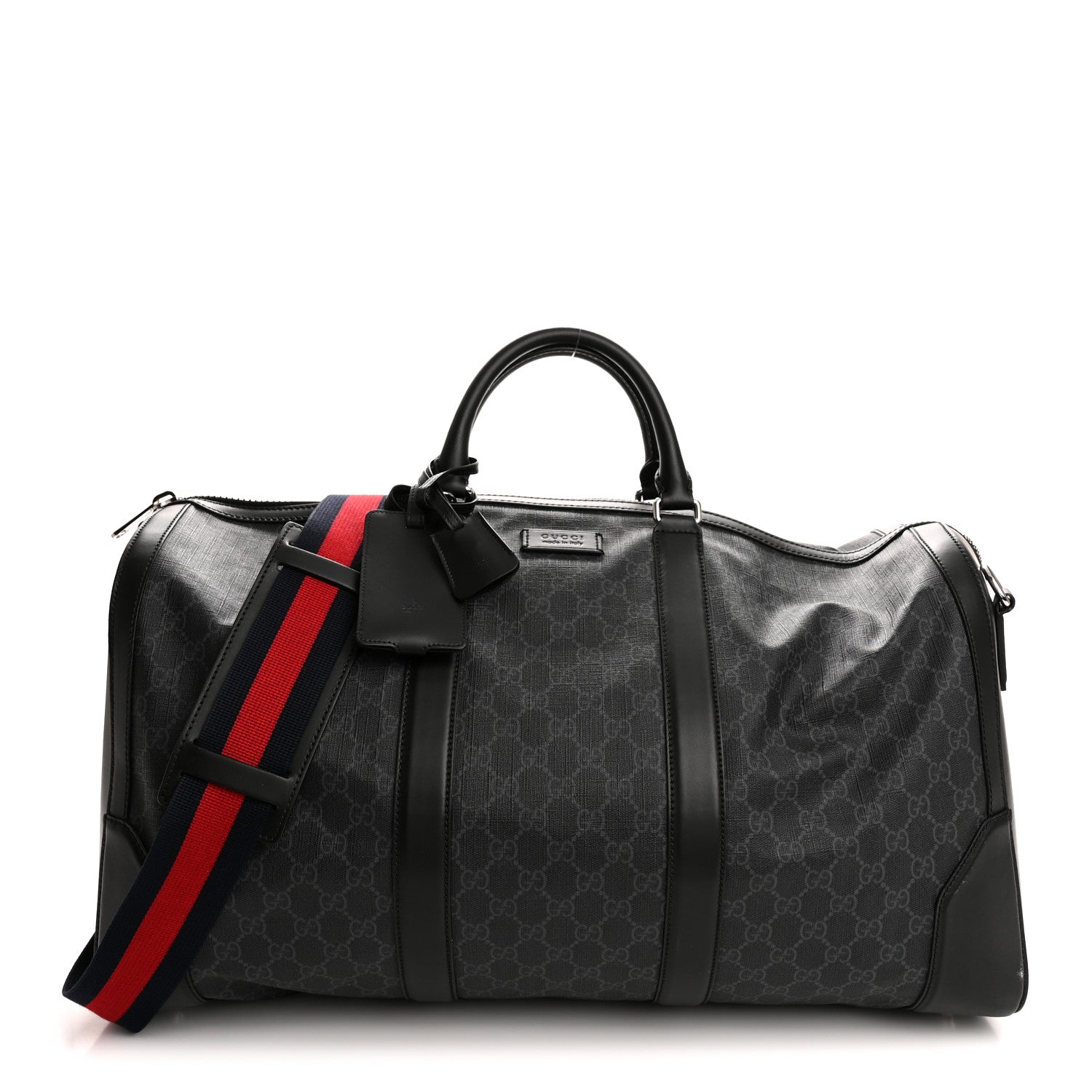 Gucci Soft GG Supreme Monogram Appia Calfskin Web Large Carry On Duffle Bag Black Grey 1 of 12