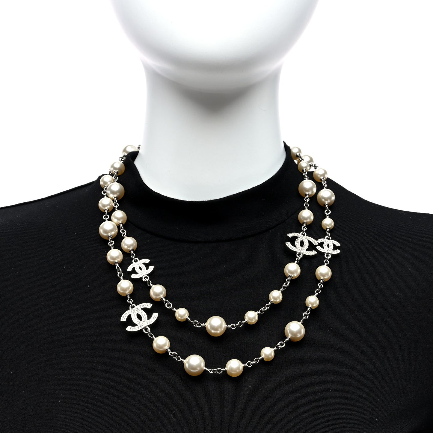 Crystal Pearl CC Long Necklace Silver