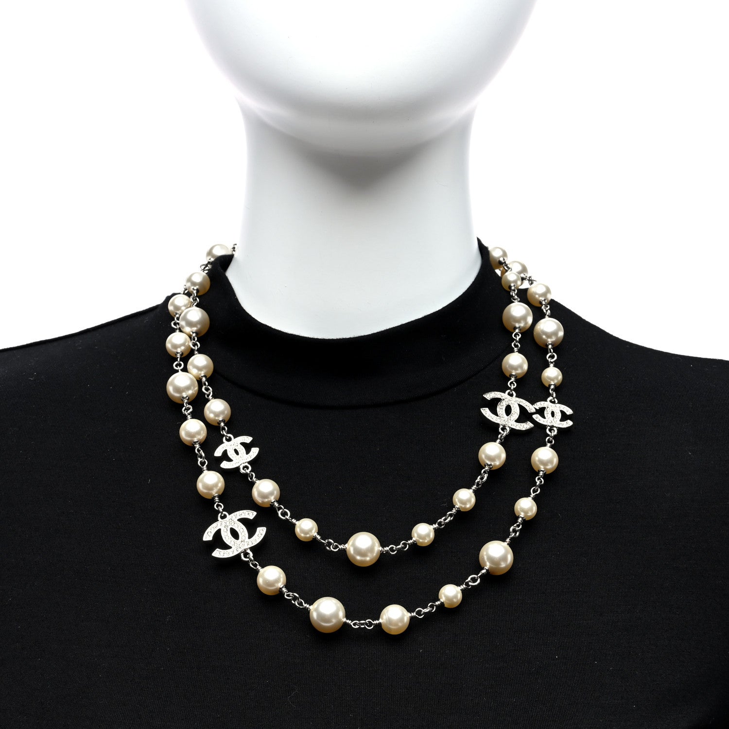 Chanel Crystal Pearl CC Long Necklace Silver 2 of 6