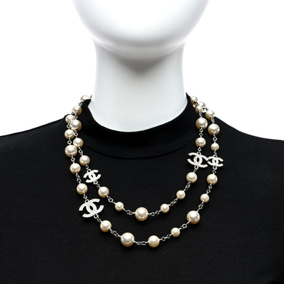 Chanel Crystal Pearl CC Long Necklace Silver 2 of 6