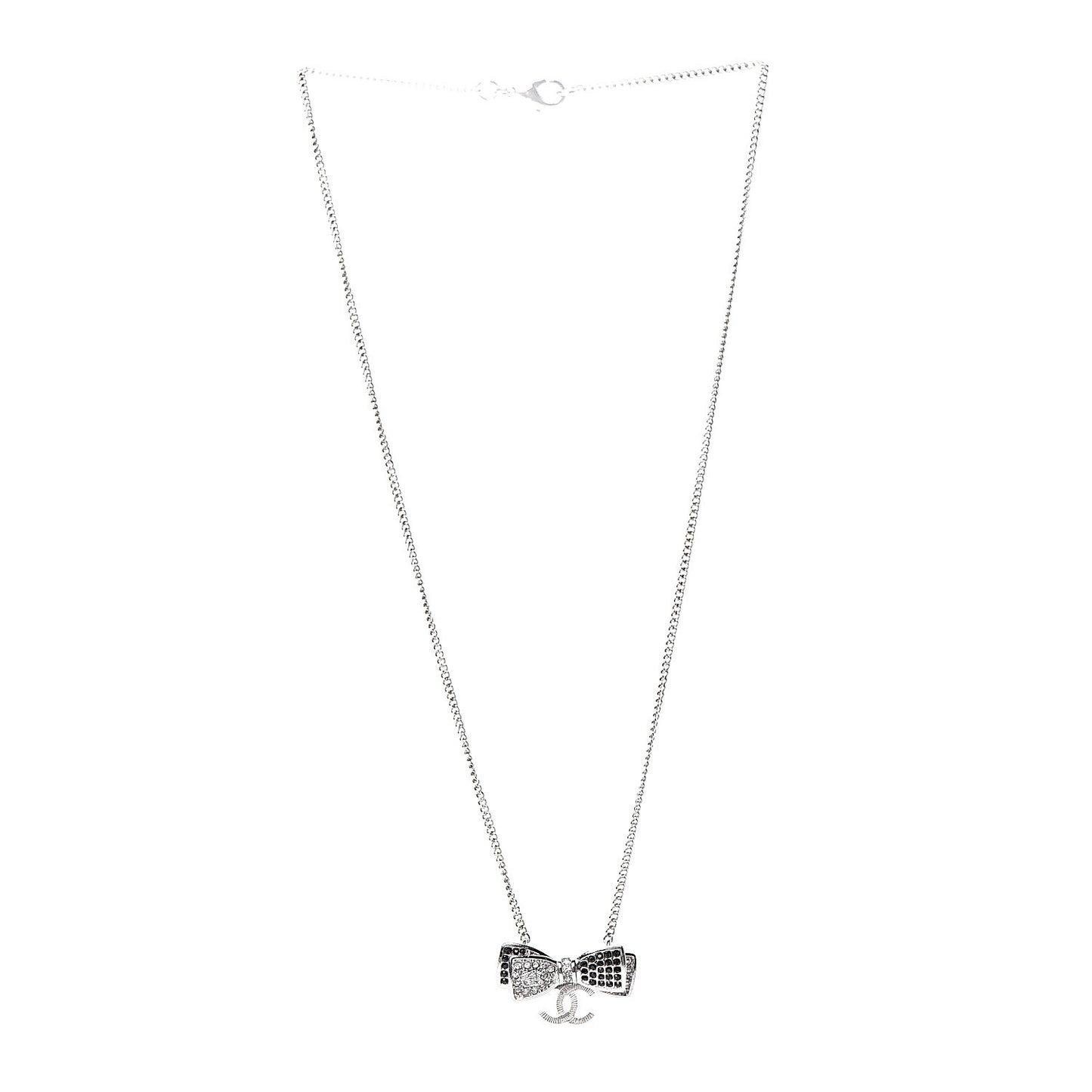 Crystal CC Bow Necklace Silver Black