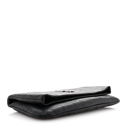 Saint Laurent Calfskin Crocodile Embossed West Hollywood Monogram Fold Over Clutch Black 4 of 7