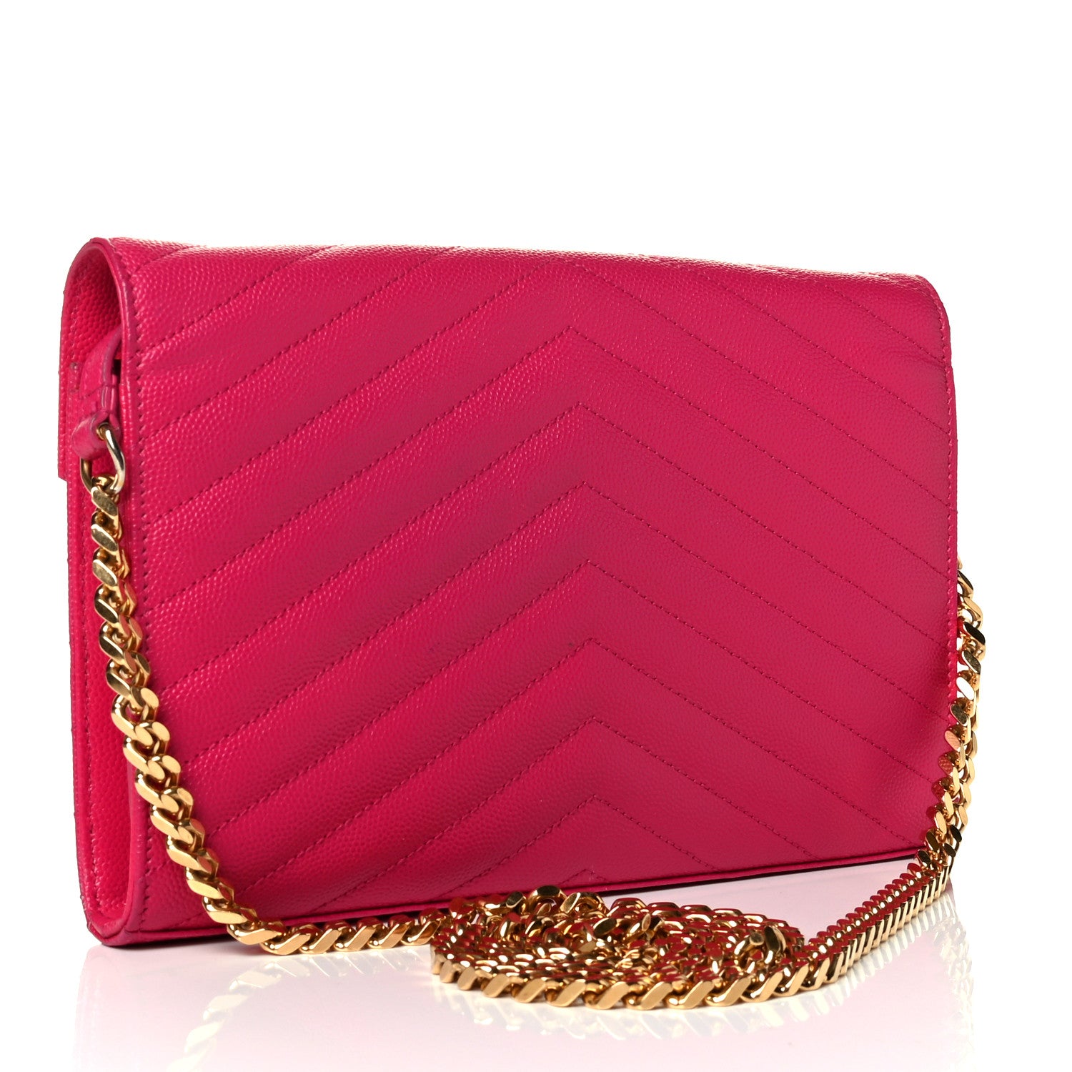 Saint Laurent Grain De Poudre Matelasse Chevron Monogram Chain Wallet Lipstick Fuchsia 2 of 7