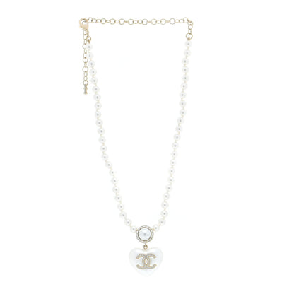 Chanel Pearl Crystal CC Heart Short Necklace Pearly White Gold 3 of 6