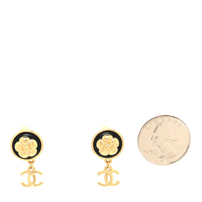 Chanel Metal Lambskin Camellia CC Drop Earrings Gold Black 2 of 4