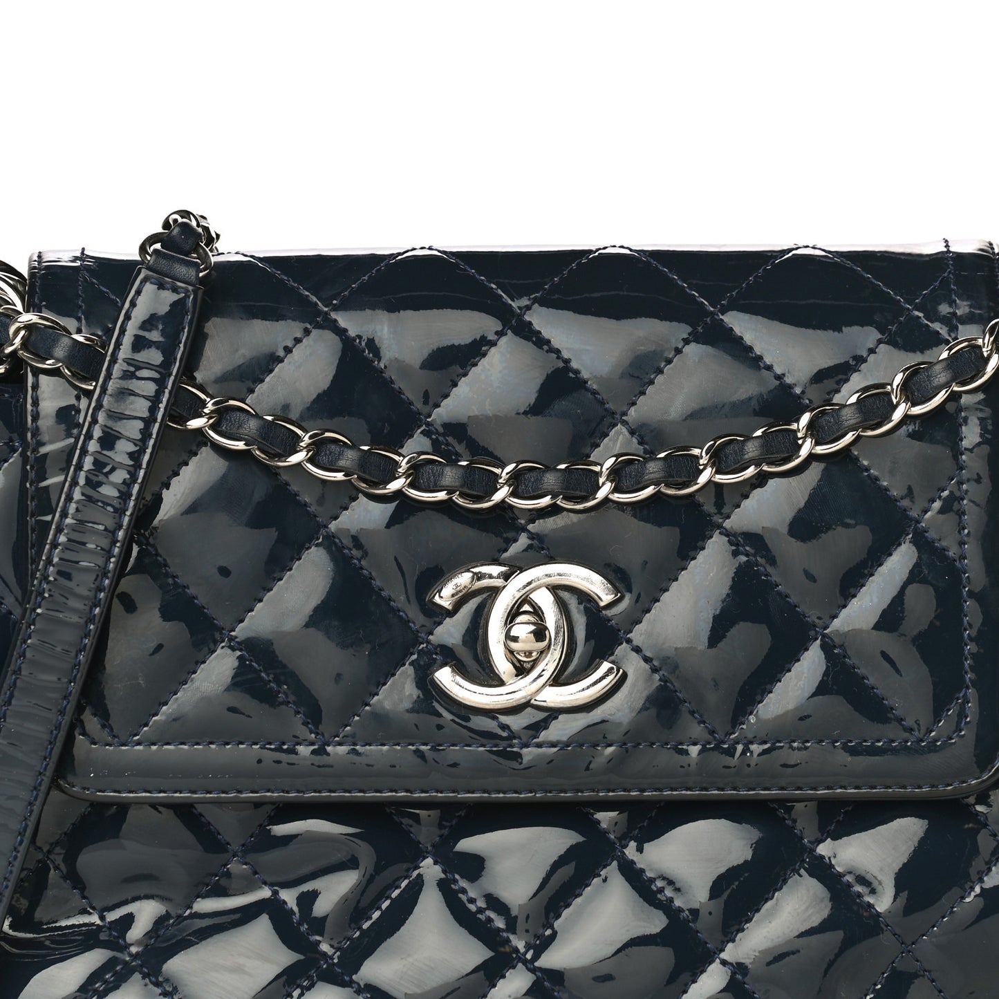 Patent Quilted Large Coco Shine Accordion Flap Dark Navy Blue