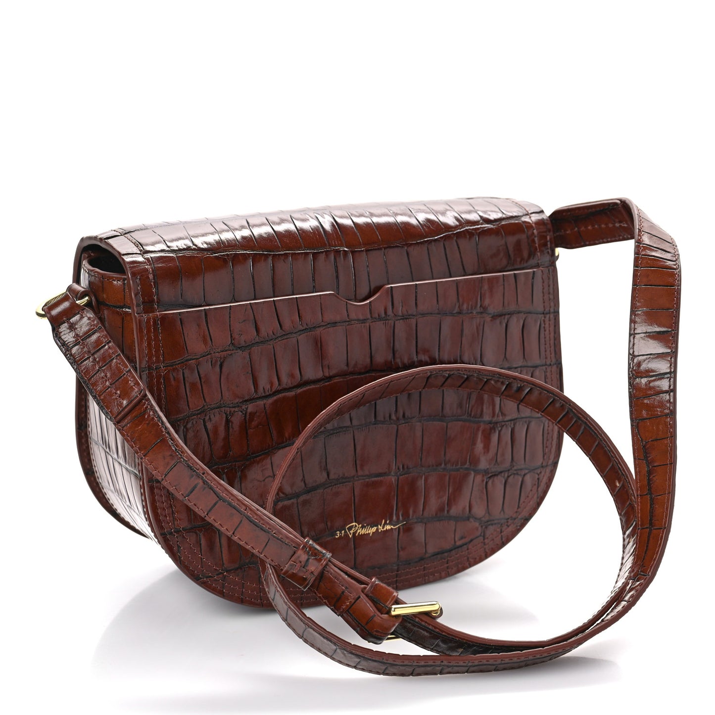 Calfskin Crocodile Embossed Pashli Saddle Belt Bag Cognac