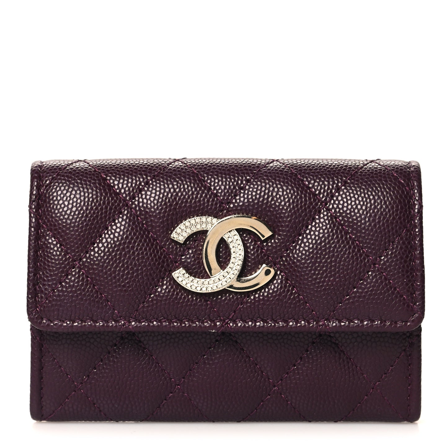 Caviar Quilted Crystal CC Flap Card Holder Burgundy