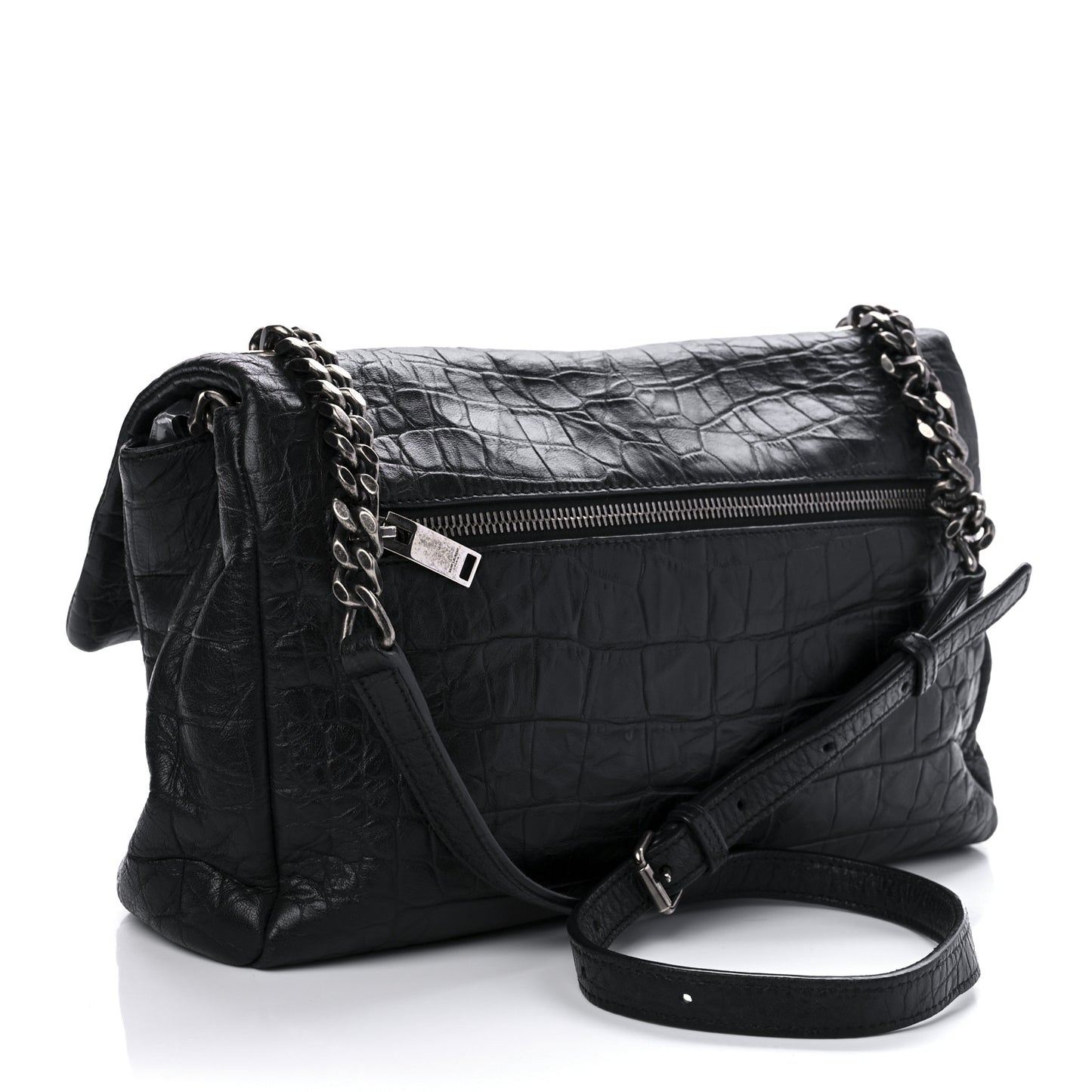 Calfskin Crocodile Embossed Medium West Hollywood Monogram Fold-Over Black