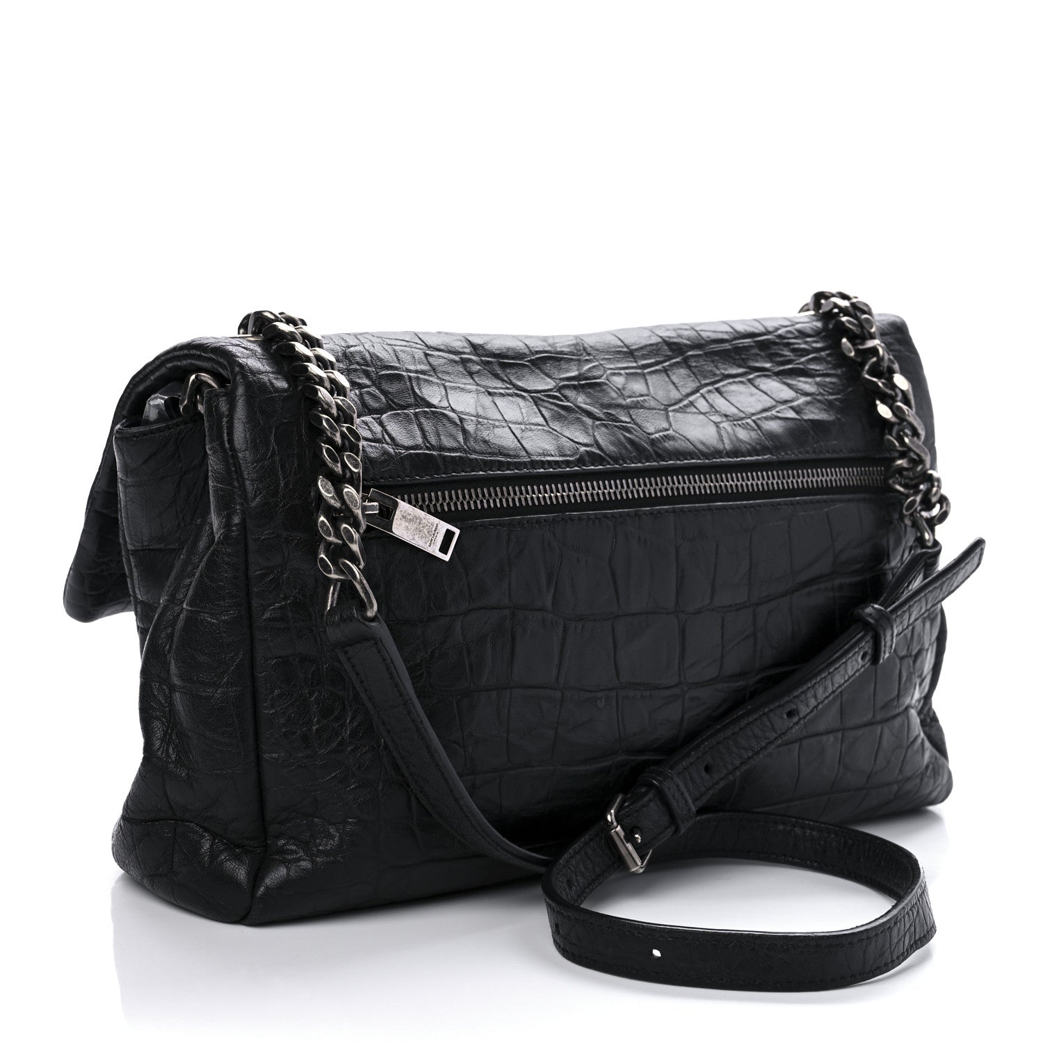 Saint Laurent Calfskin Crocodile Embossed Medium West Hollywood Monogram Fold-Over Black 3 of 9