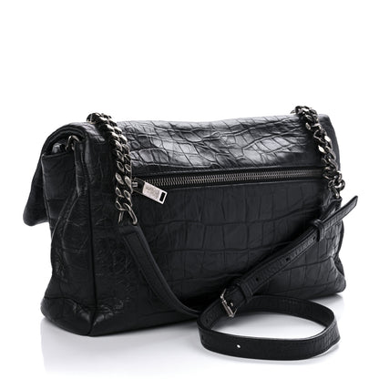 Saint Laurent Calfskin Crocodile Embossed Medium West Hollywood Monogram Fold-Over Black 3 of 9