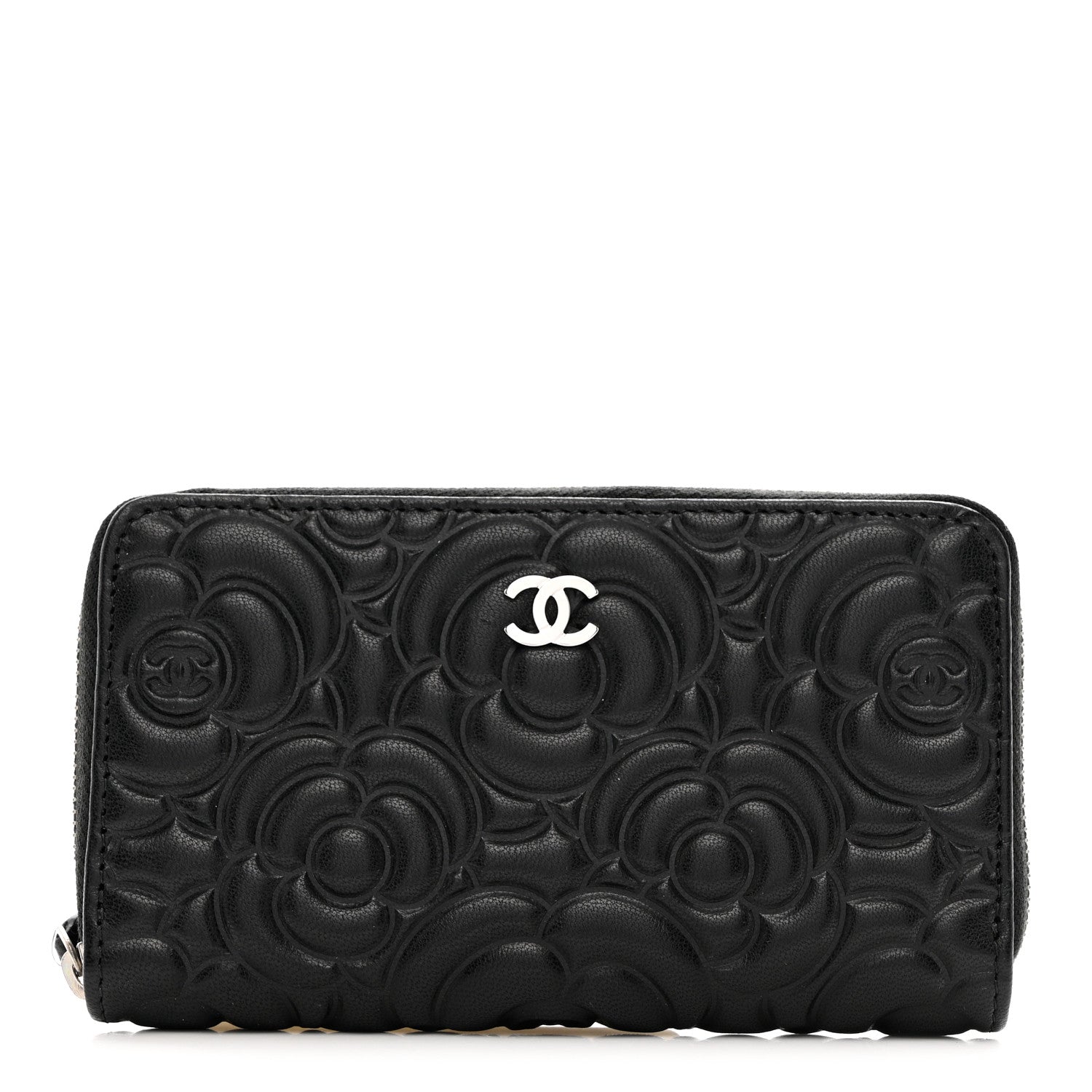Chanel Goatskin Camellia Embossed Medium Zip Around Wallet Black 1 of 9
