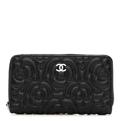 Chanel Goatskin Camellia Embossed Medium Zip Around Wallet Black 1 of 9