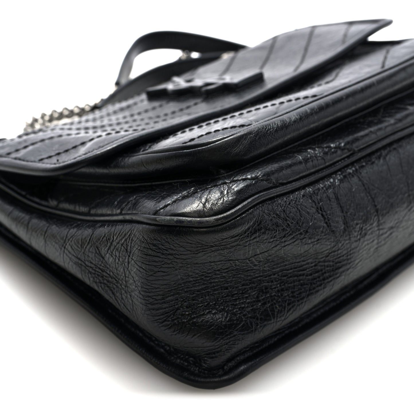 Crinkled Calfskin Matelasse Monogram Medium Niki Chain Satchel Black