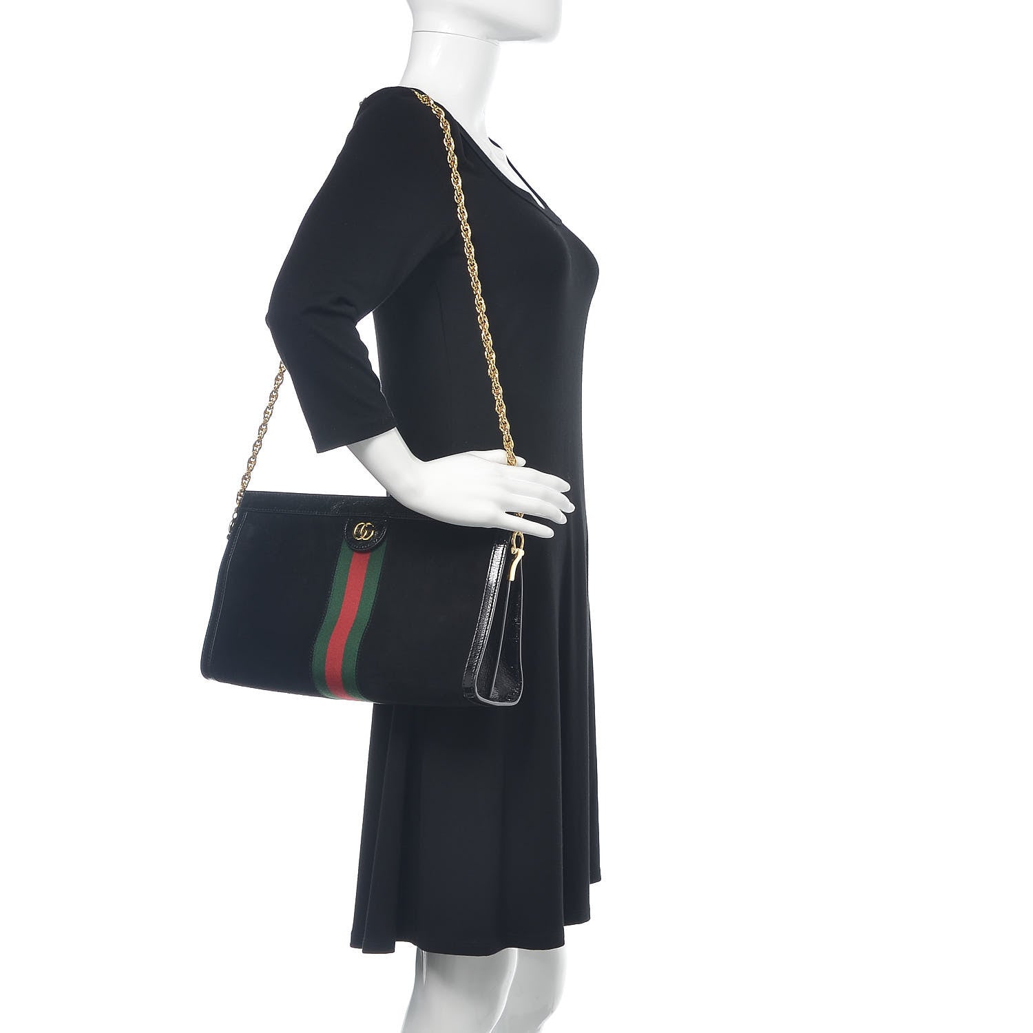 Gucci Suede Patent GG Web Medium Ophidia Chain Shoulder Bag Black 2 of 11