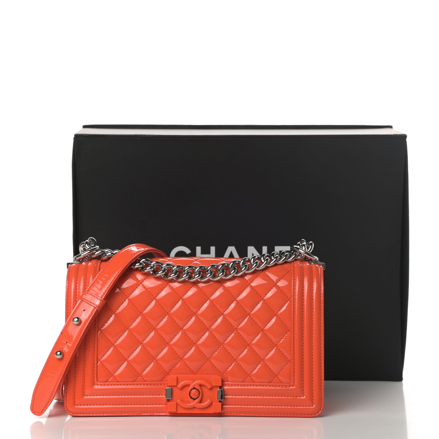 Chanel Patent Calfskin Quilted Medium Plexiglass Boy Flap Orange 13 of 13