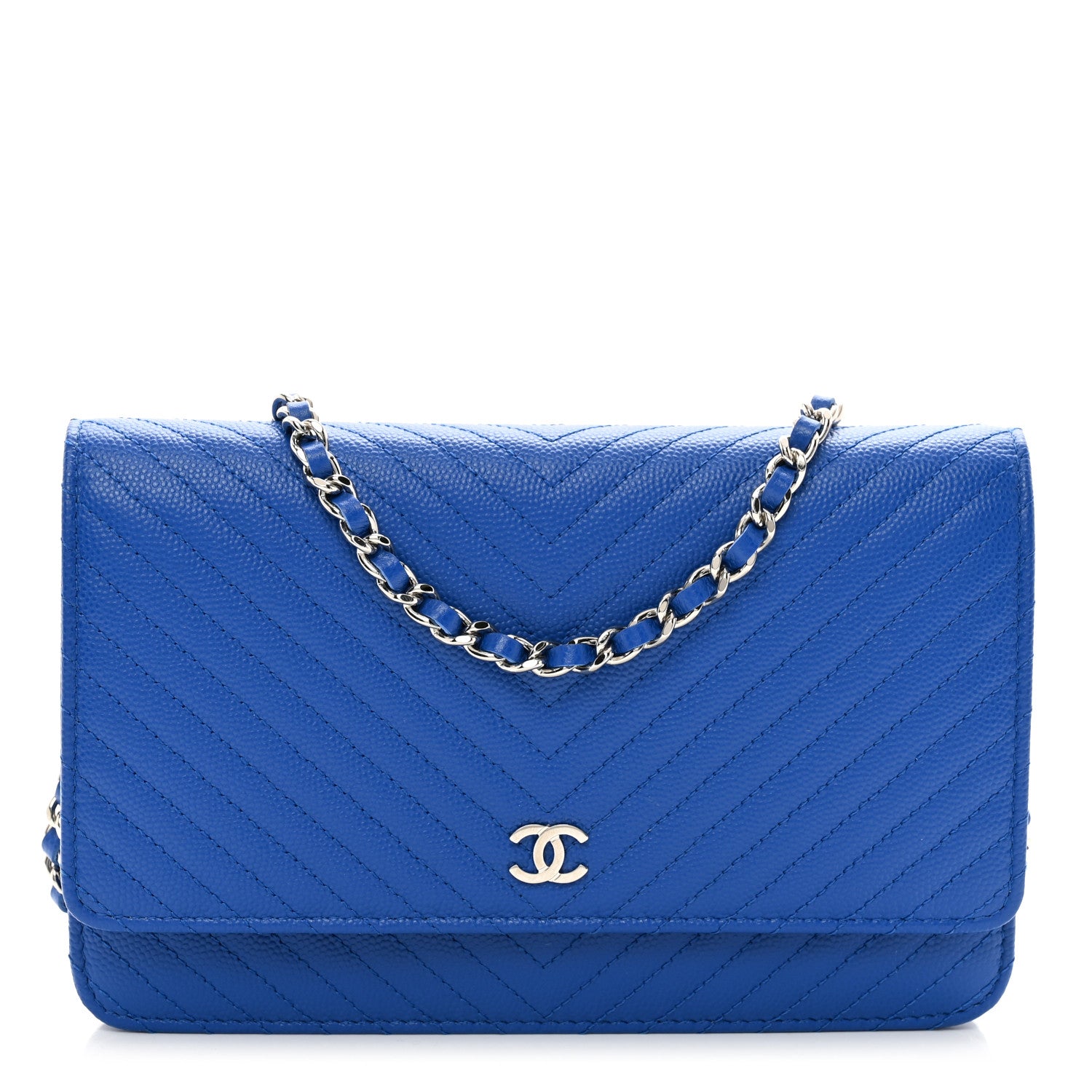 Chanel Caviar Chevron Quilted Wallet On Chain WOC Bright Blue 1 of 12