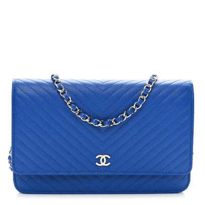 Chanel Caviar Chevron Quilted Wallet On Chain WOC Bright Blue 1 of 12