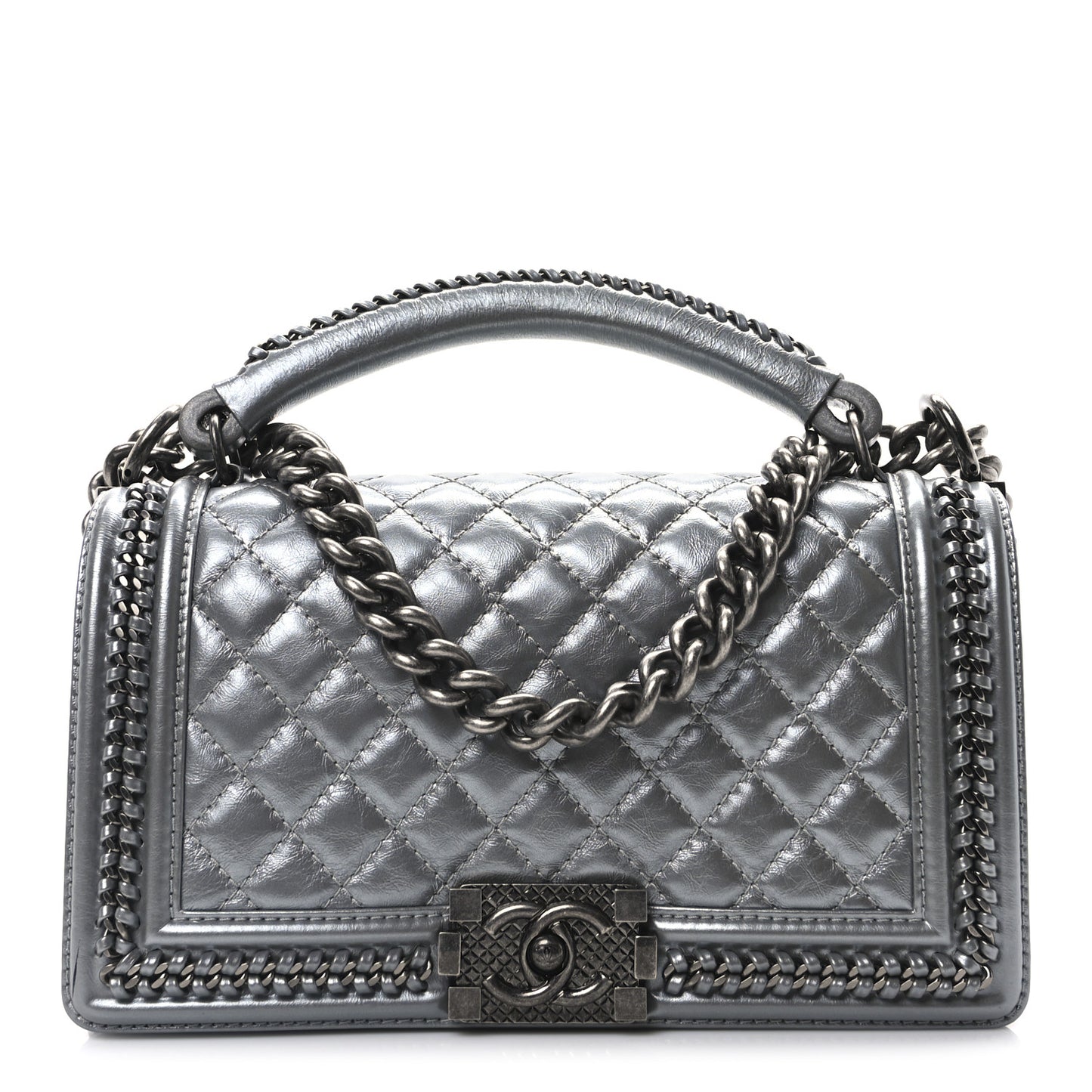 Metallic Calfskin Quilted Medium Top Handle Boy Flap Silver