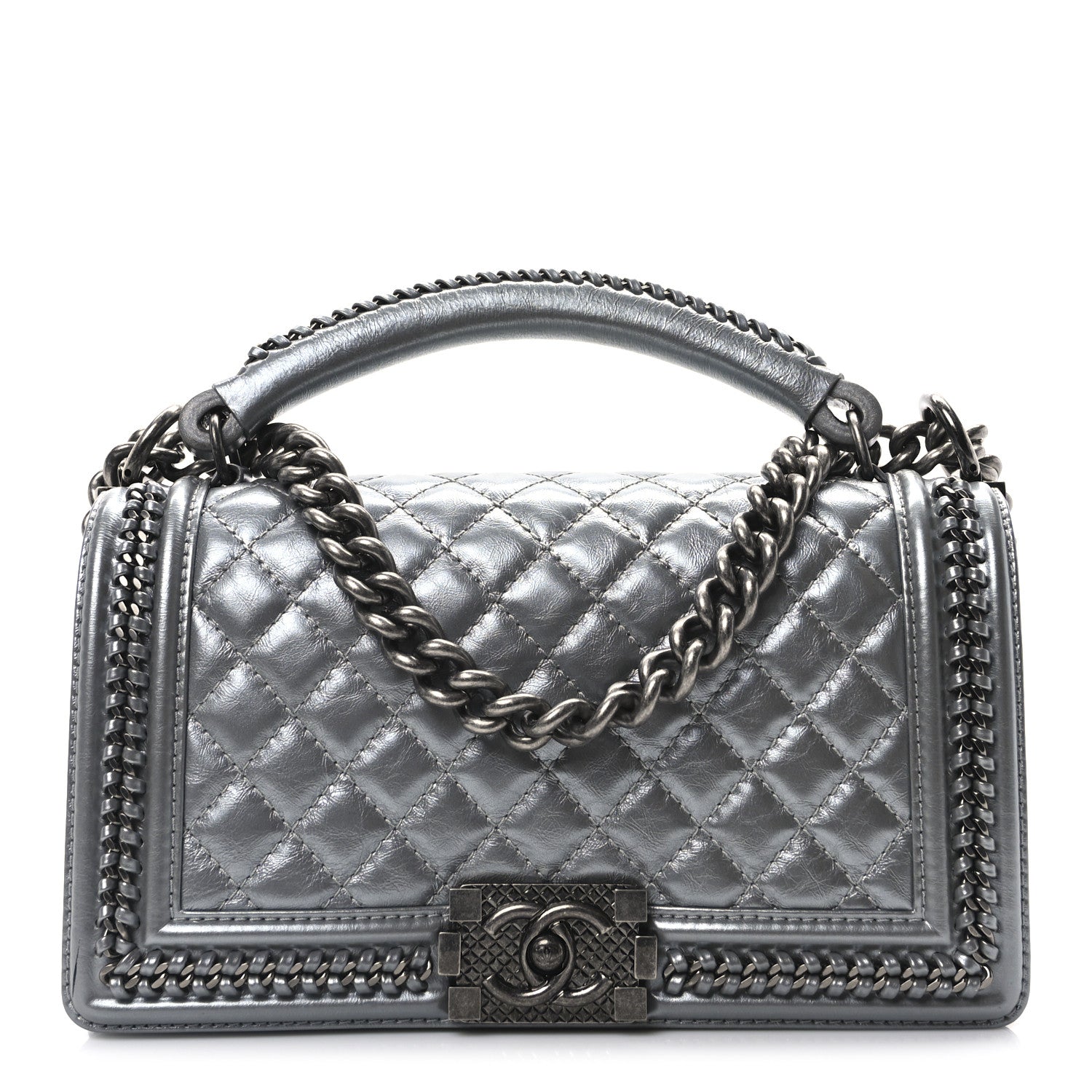 Chanel Metallic Calfskin Quilted Medium Top Handle Boy Flap Silver 1 of 11