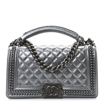 Chanel Metallic Calfskin Quilted Medium Top Handle Boy Flap Silver 1 of 11