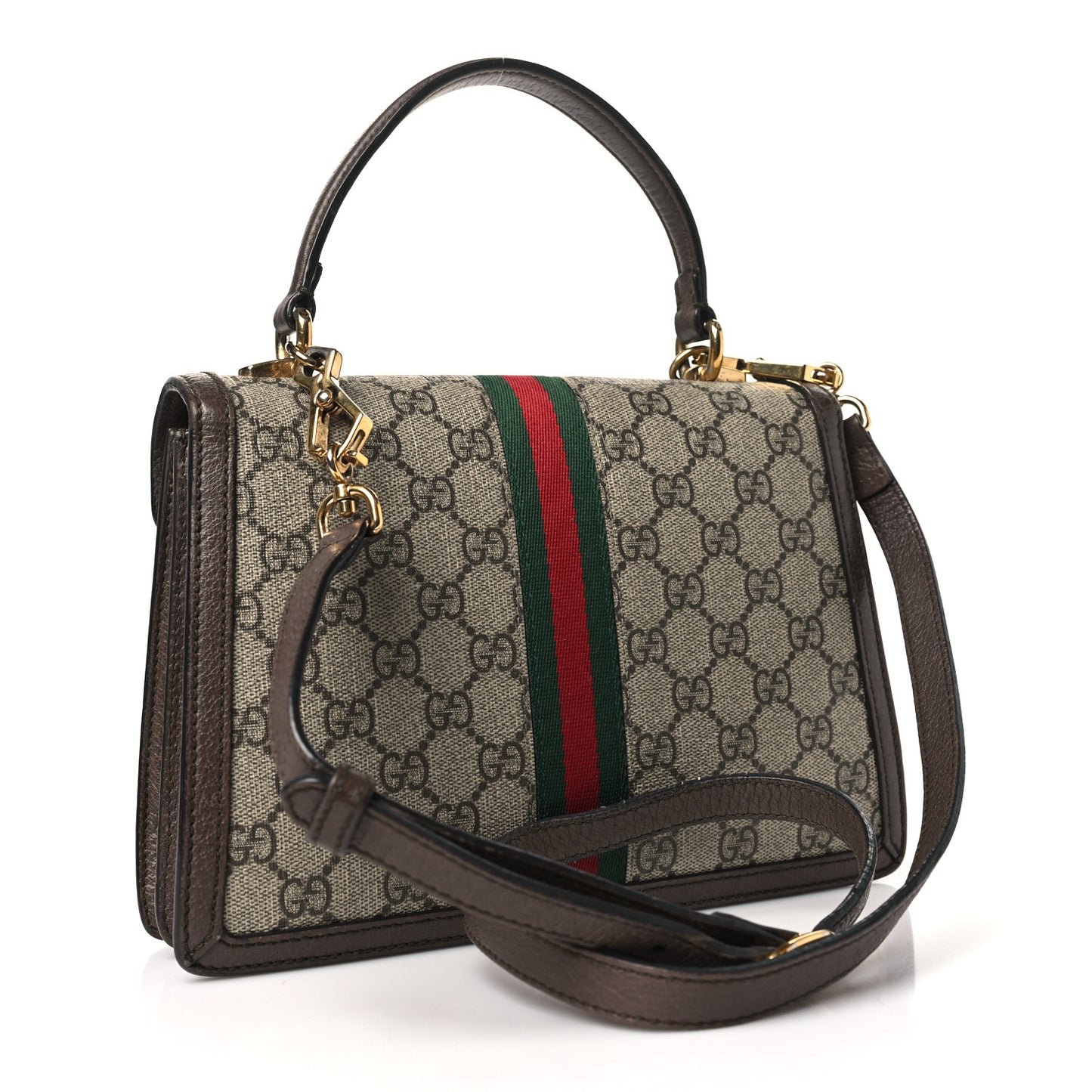 GG Supreme Monogram Textured Dollar Calfskin Web Small Ophidia Padlock Top Handle Bag Beige Ebony New Acero