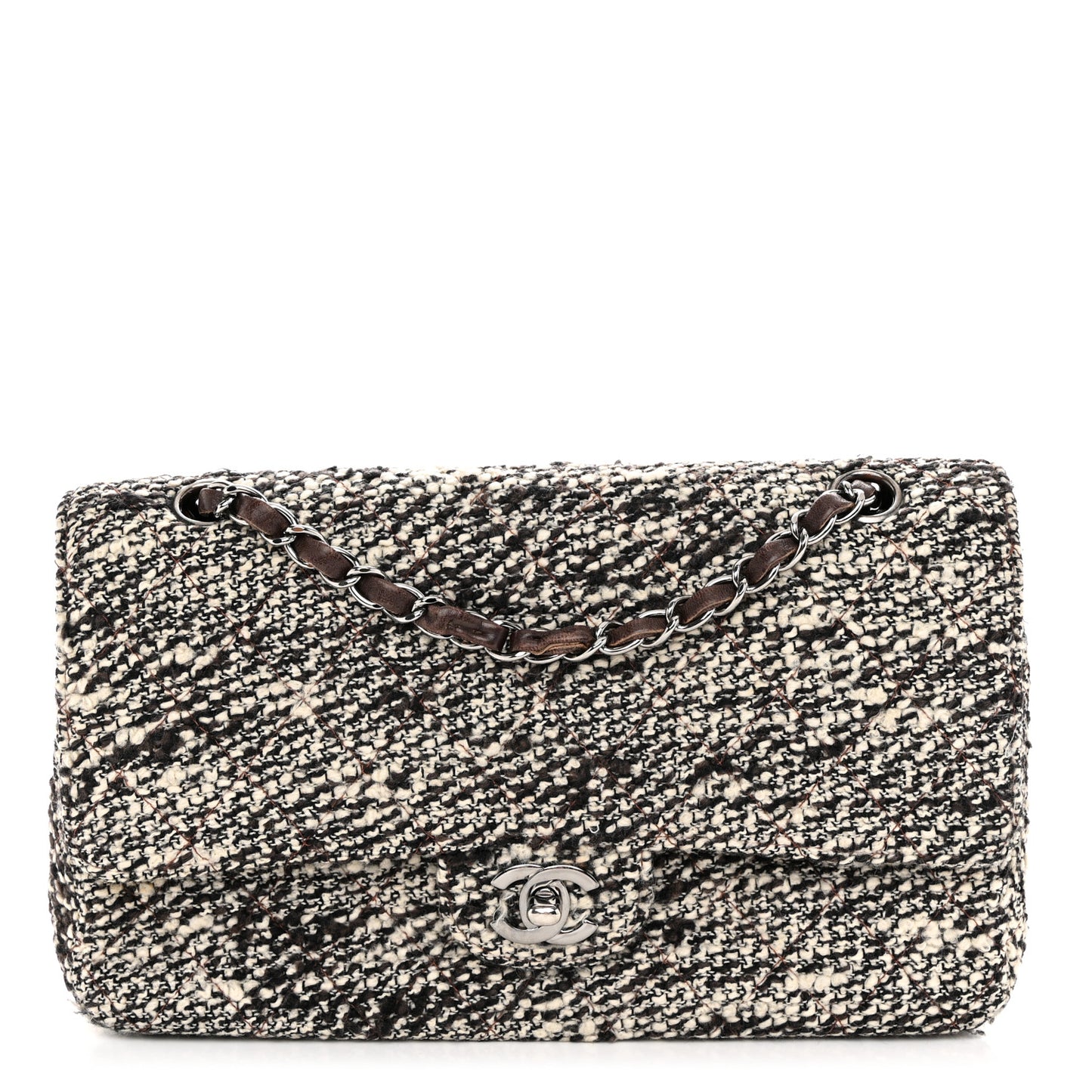 Tweed Quilted Medium Double Flap White Brown