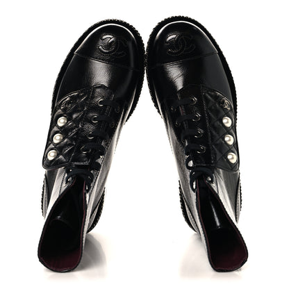 Chanel Crackled Calfskin Velvet Pearl Combat Short Boots 36 Black 2 of 9