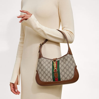 Gucci GG Supreme Monogram Azalea Calfskin Web Small Jackie 1961 Hobo Beige Ebony Brown Sugar 2 of 9