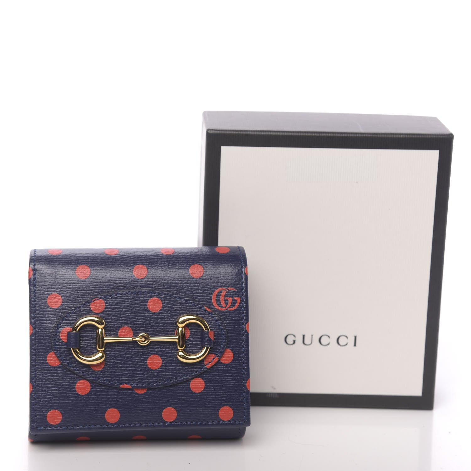 Gucci Shangai Calfskin Polka Dot Horsebit 1955 Flap Card Case Wallet Blue Orange Sailor Blue 7 of 7