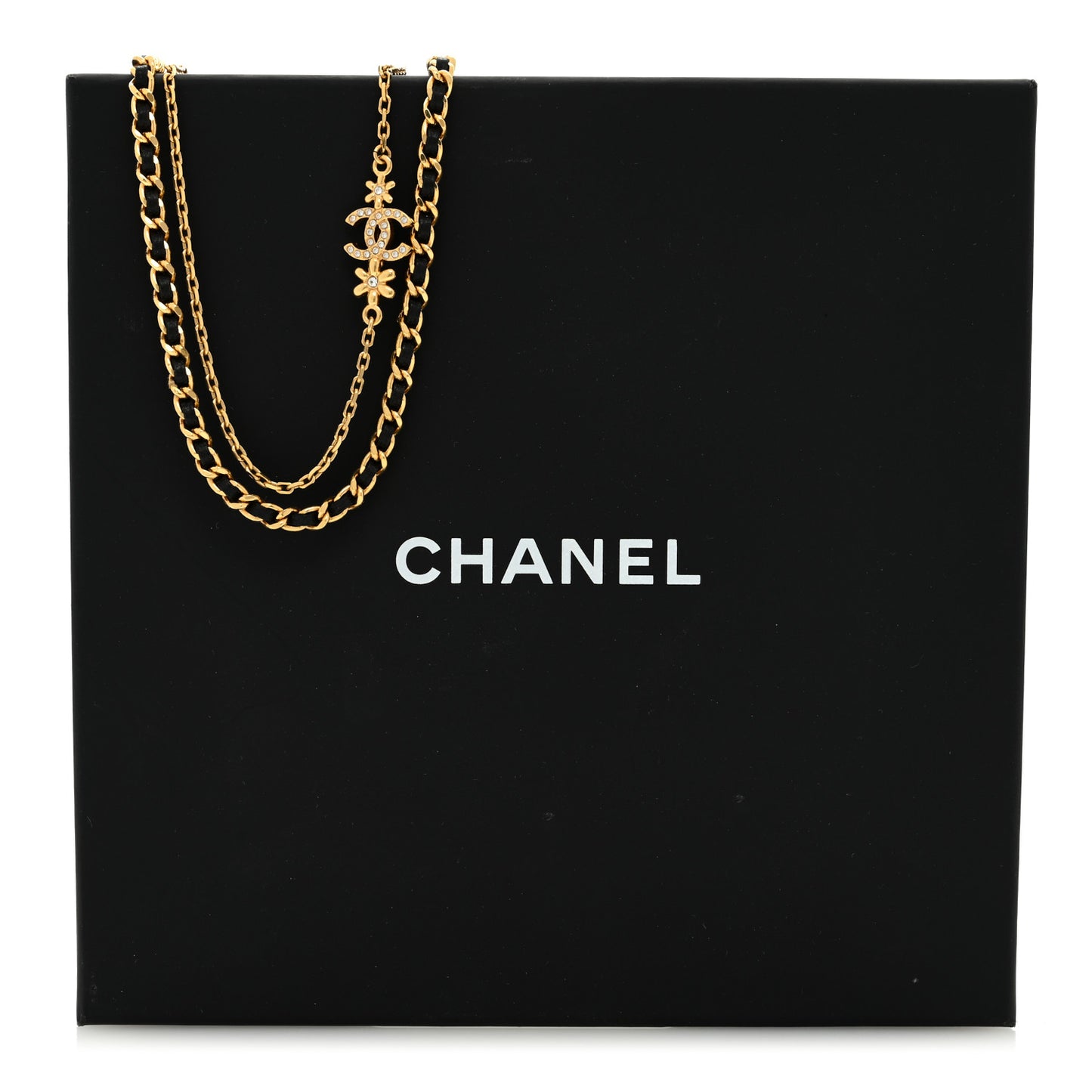 Metal Lambskin Crystal CC Double Chain Necklace Black Gold