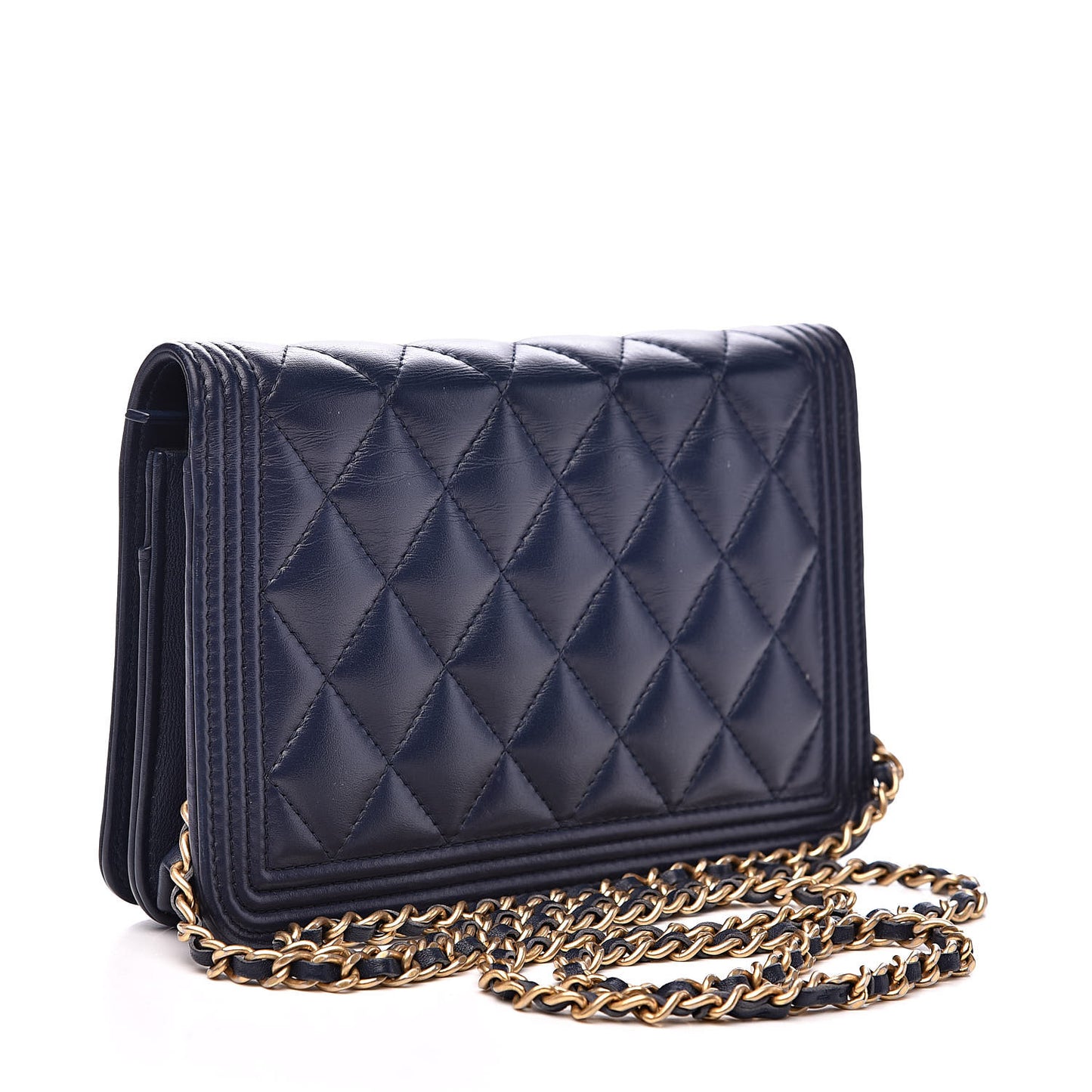 Lambskin Quilted Boy Wallet On Chain WOC Navy Blue