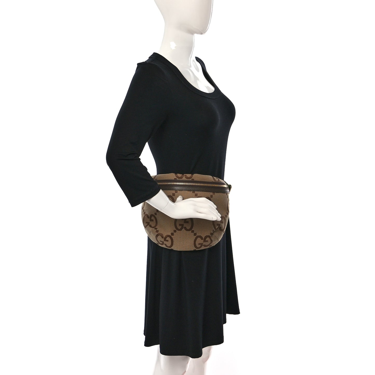 Monogram Jumbo GG Textured Dollar Calfskin Web Belt Bag Camel Ebony New Acero