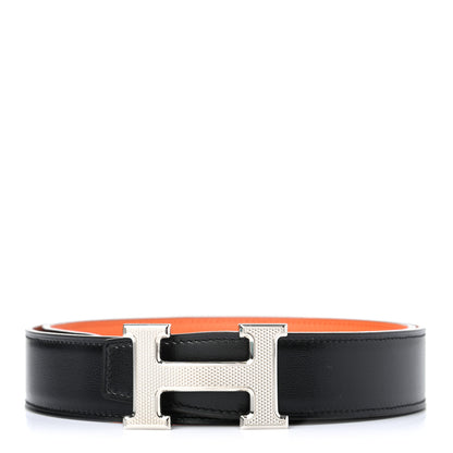 Hermes Box Togo 32mm Guilloche H Belt 85 Black Orange 1 of 5