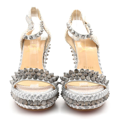 Christian Louboutin Glitter Calfskin Rope Spiked Lata 110 Wedges 37 Silver 3 of 8