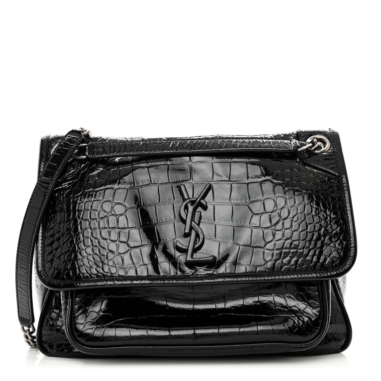 Saint Laurent Patent Crocodile Embossed Lambskin Monogram Medium Niki Chain Satchel Black 1 of 12