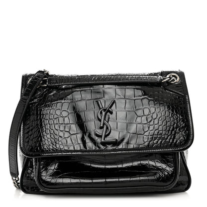 Saint Laurent Patent Crocodile Embossed Lambskin Monogram Medium Niki Chain Satchel Black 1 of 12