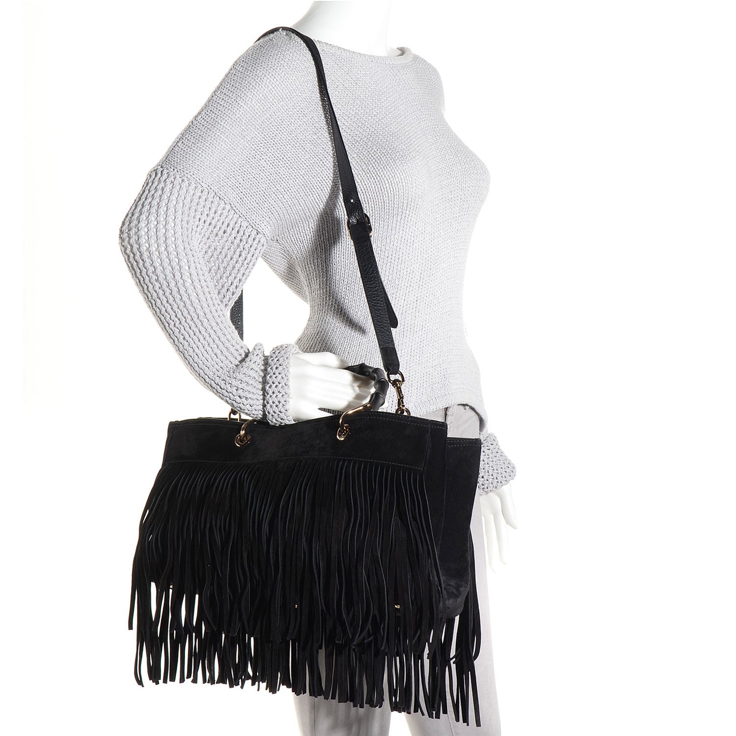 Suede Bamboo Fringe Medium Shopper Tote Black